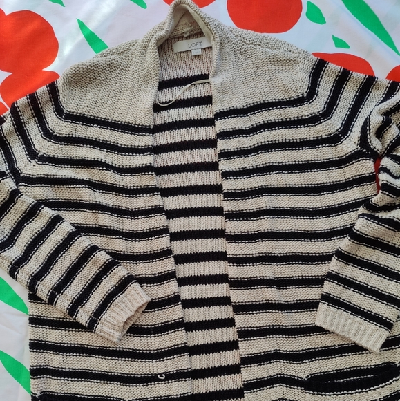 Black and Oatmeal Striped Open Front Cardigan Size Small | Ann Taylor Loft - Picture 3 of 11
